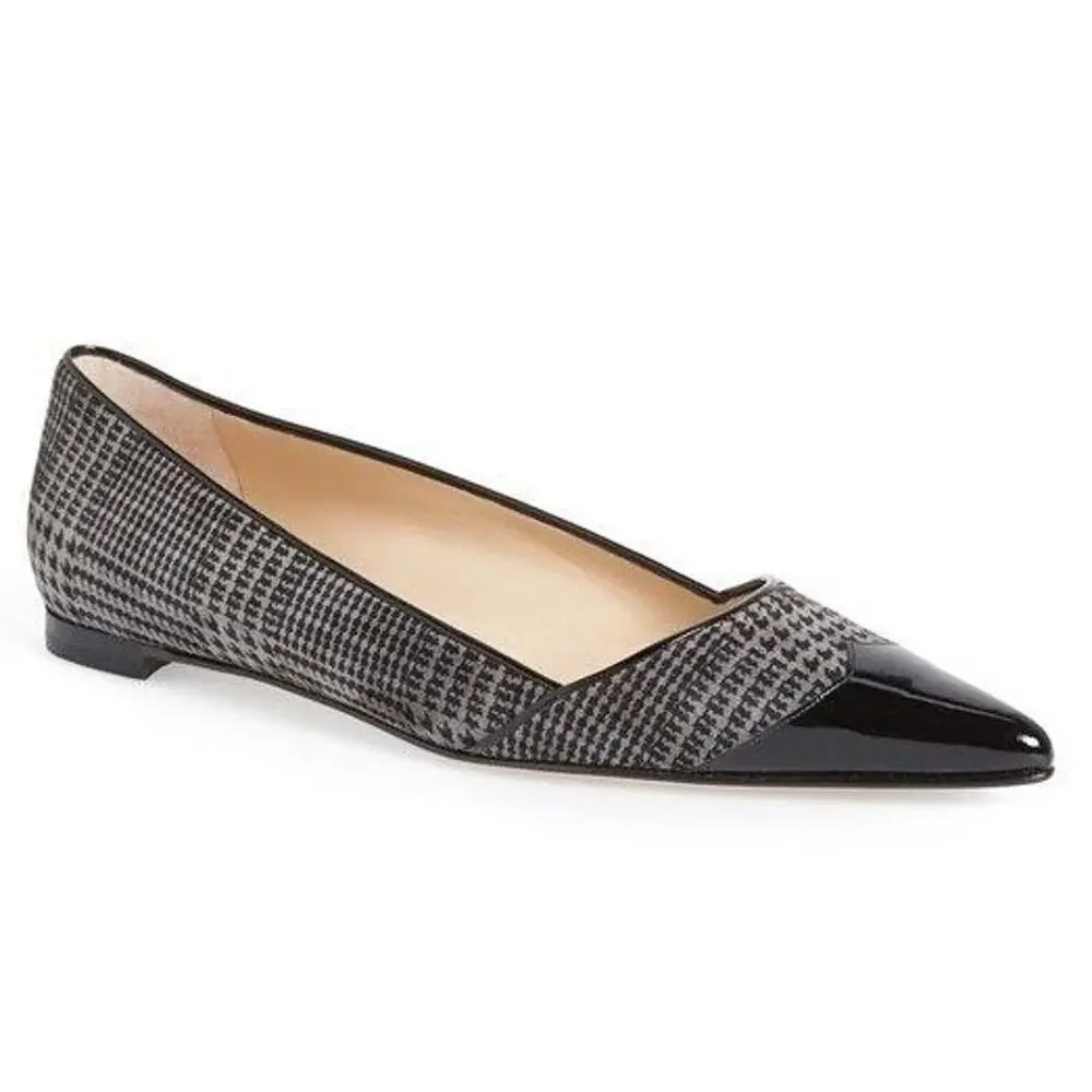 Manolo Blahnik Grey Houndstooth Tweed Ahalaya Cap Toe Ballet Flats